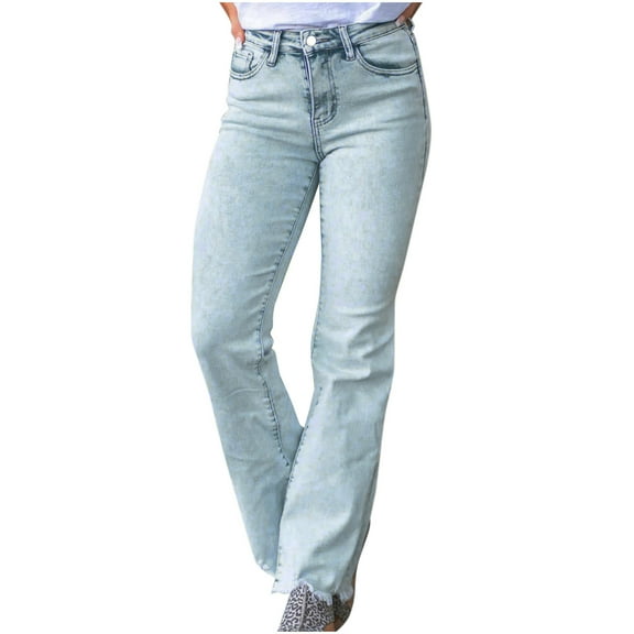 Aueoeo Stretchy Jeans for Women - Bottom Distressed Frayed High Waisted Button Up Trendy Denim Jeans Classic Pants