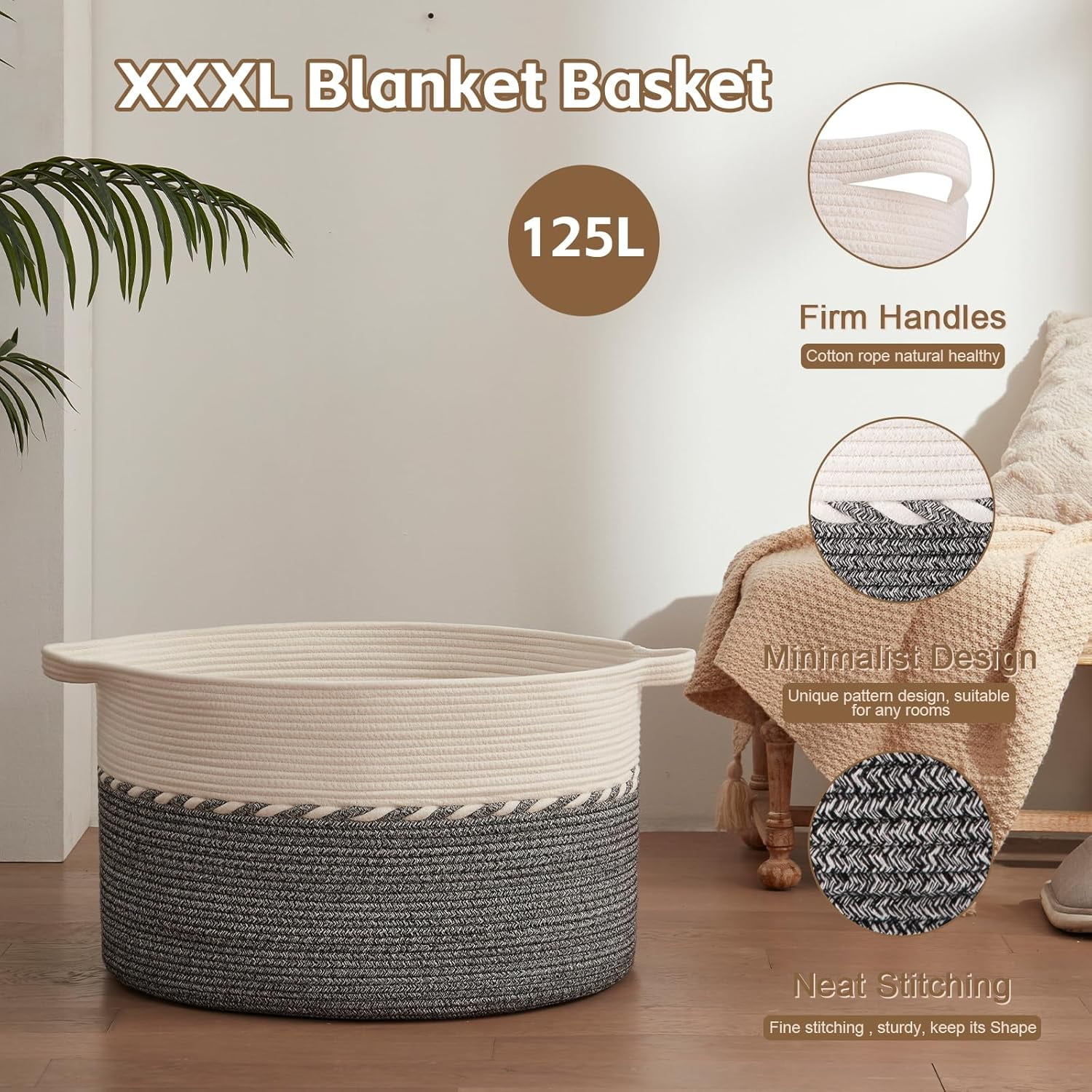 125L Extra Large Blanket Basket, 25" x 16", Jumbo Laundry Hamper, Cotton Rope Basket with Handles,Baby Toy Storage Bins,Black