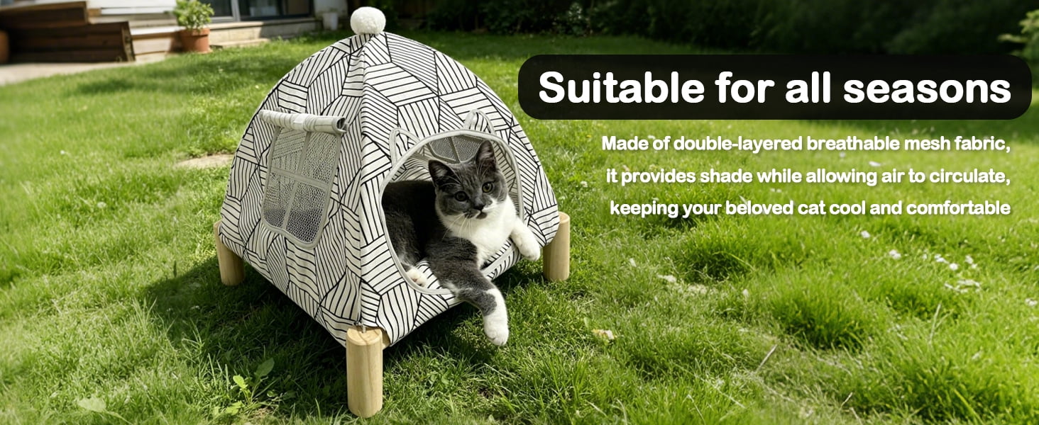 Nockovi 2-in-1 Wooden Pet Tent and Hammock, Quick Assembly Portable for Cats Small Pets Indoor Outdoor, White Diamond Pattern