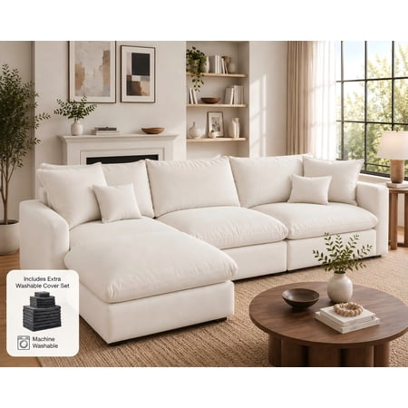 Amsleekey 108" Modular L-Shaped Couch with Ottoman and Extra Washable Cover, Modern Oversized Sectional Sofa Set