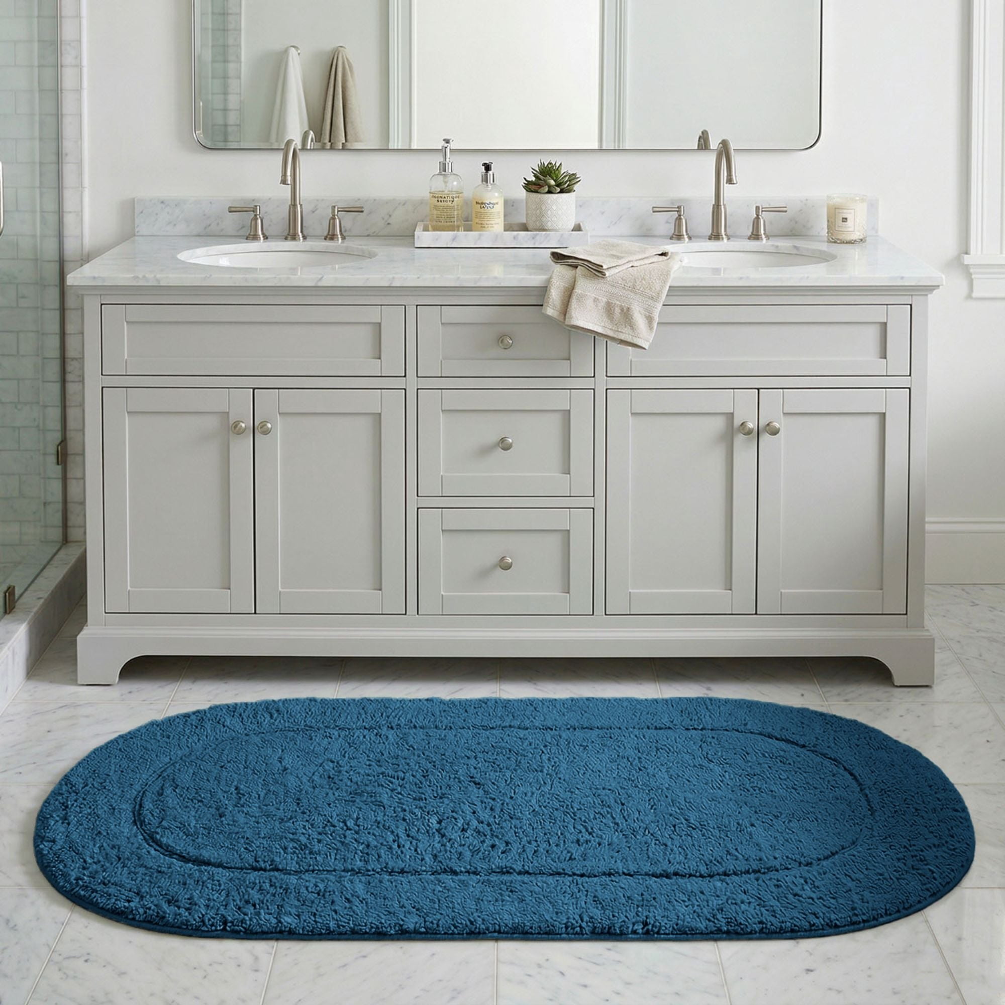 Superior Oval Bordered Cotton Washable Non-Slip Bath Rug, Runner Size, Sapphire