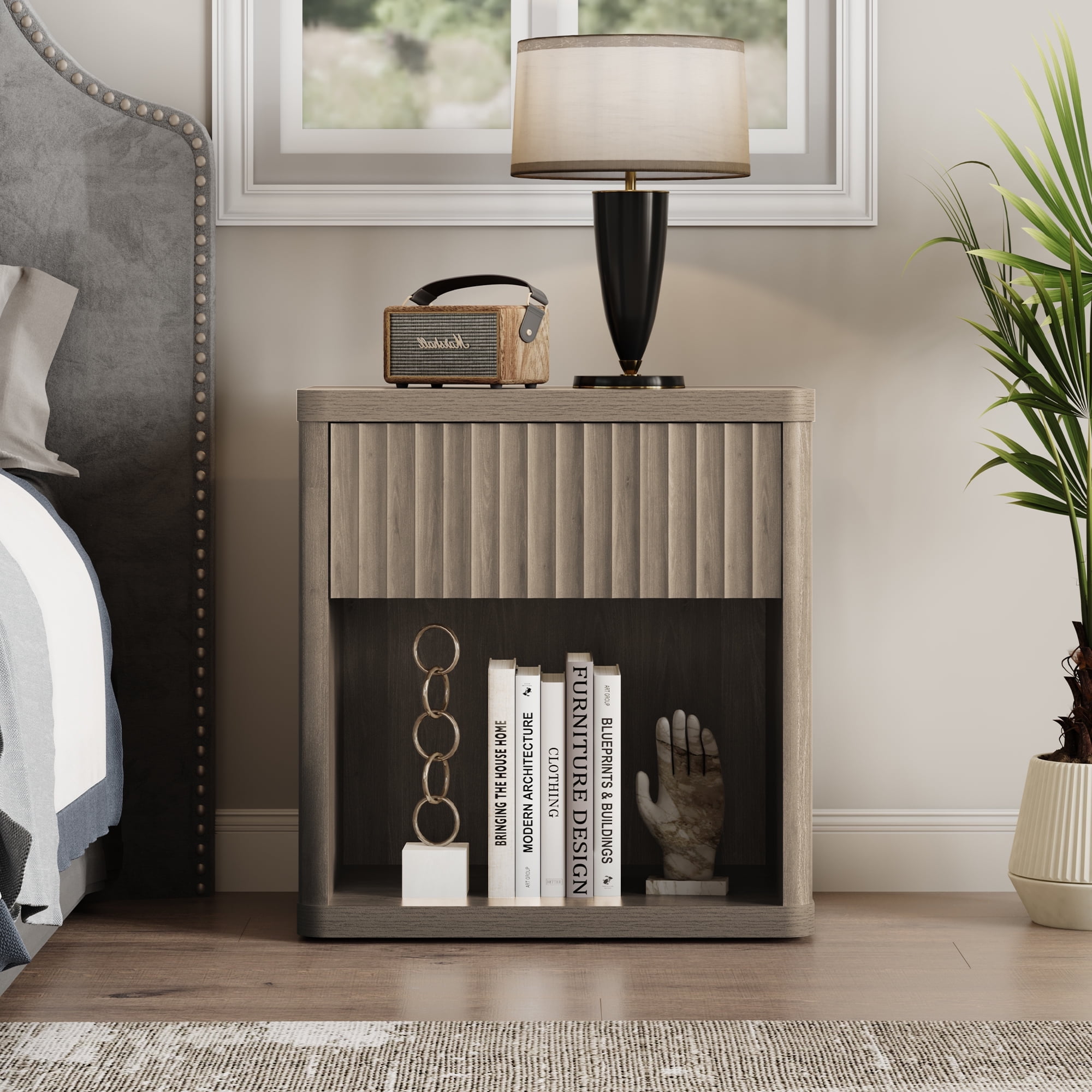 SICOTAS Fluted Nightstands for Bedroom, Farmhouse Bedside Tables with Drawer & Open Shelf,  Wood End Table for Living Room in Grey
