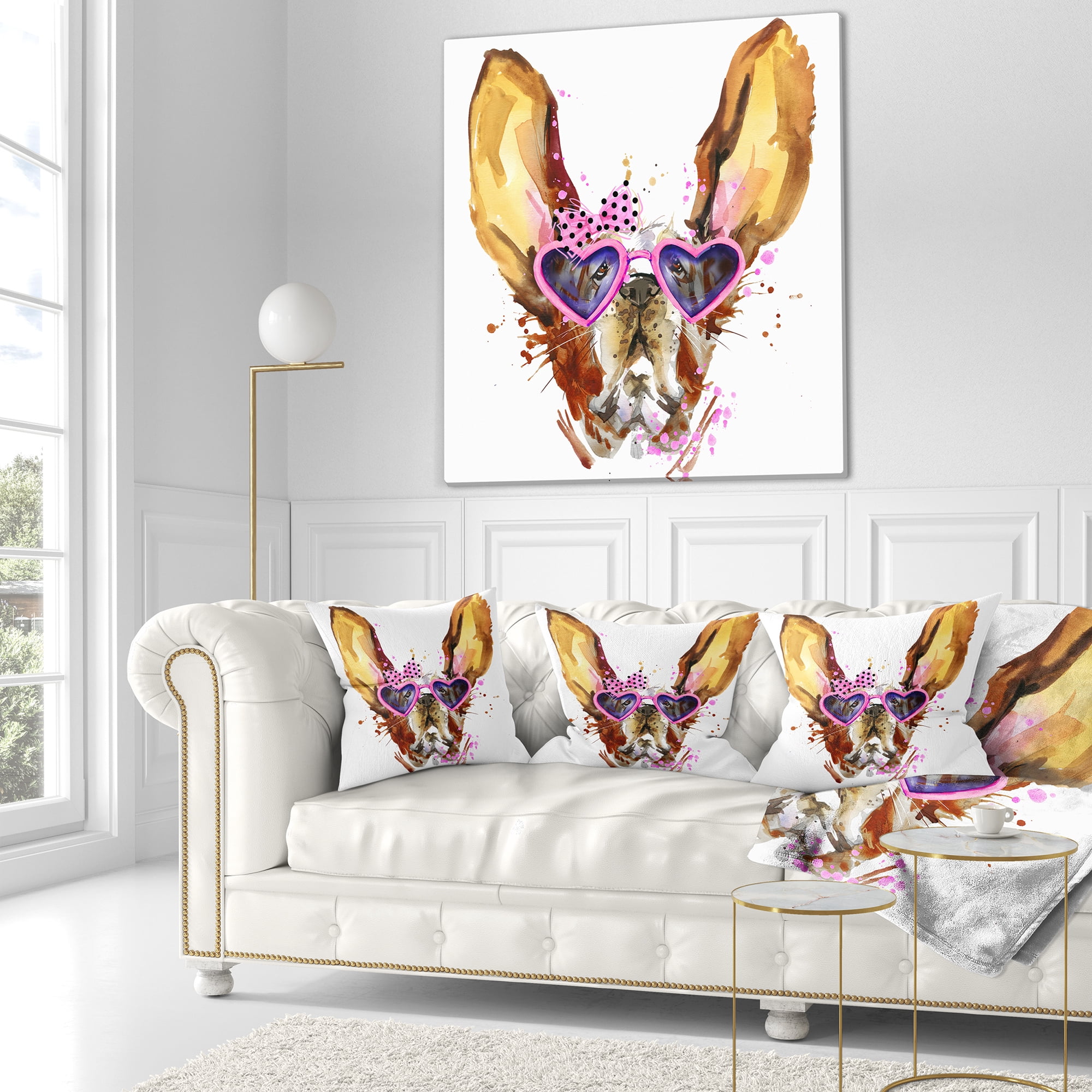 Designart Brown Cute Dog with Heart Glasses - Animal Throw Pillow - 18x18