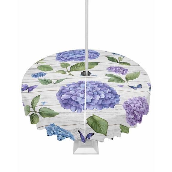 Fsddascl Purple Hydrangeas Outdoor Tablecloth - 54 Inch Round Dining Table Cover, Botanical Flowers Rustic Wooden Waterproof Outdoor Table Cloth with Umbrella Hole & Zipper for Picnic/Patio/Party