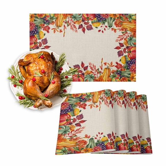 Fall Placemats Set of 6 Autumn Harvest Pumpkin Place Mats Thanksgiving Placemat Fruit Vegetable Maple Leaves Linen Table Mats for Dining Kitchen Table Dinner Party Home Fall Decorations 13x19