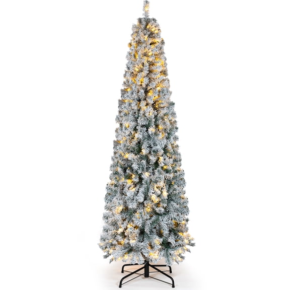Okicoler 6 ft Pre-Lit Flocked Pencil Christmas Tree, 250 Multicolor LEDs