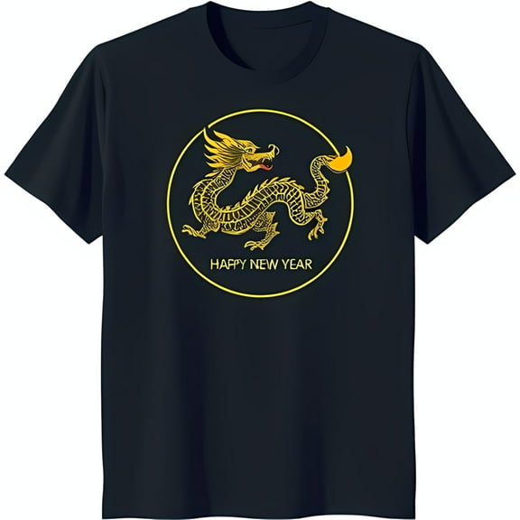 Men's Black T-Shirt with Gold Design and 'Happy New Year' Text