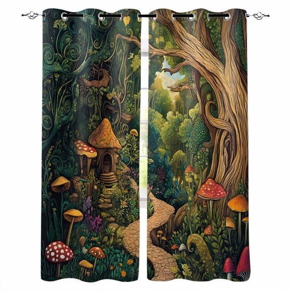 Forest Blackout Curtains 72 Inches Long for Bedroom, Vintage Cottage Mushroom Tree Floral Green Thermal Insulated Room Darkening Black Out Window Curtain Panels Grommet Drapes for Living Room