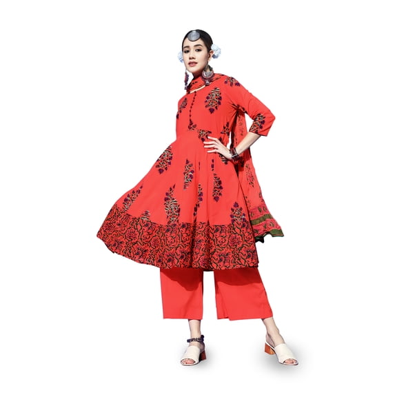 eloria Women Orange Ethnic Motifs Printed Pure Cotton Anarkali Kurta Set with Dupatta