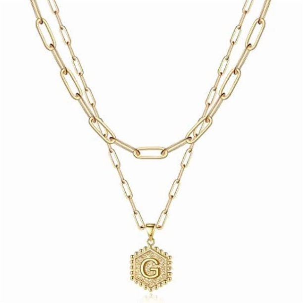 Chenchen Easter Gifts for Women Girls Easter Basket Stuffers, 14K-Gold-Plated Initial Necklaces for Women Cute Hexagon Letter Initial Necklace Layered Necklaces for Womens Teen Girl Gifts