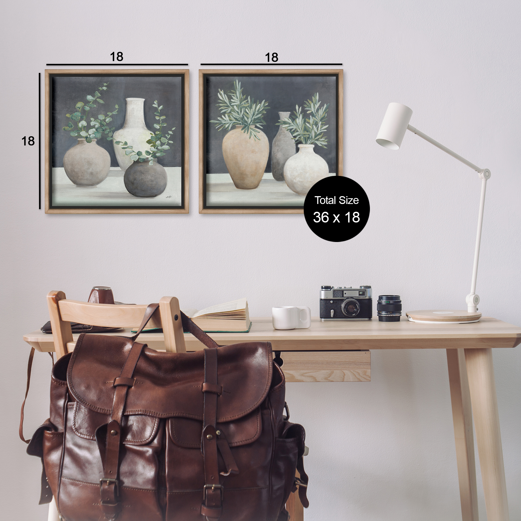 Stupell Industries Eucalyptus Greens Fresh Vessels Plants & Flowers Painting Brown Floater Framed Canvas Art Print Wall Art, 18 x 18, Set of 2