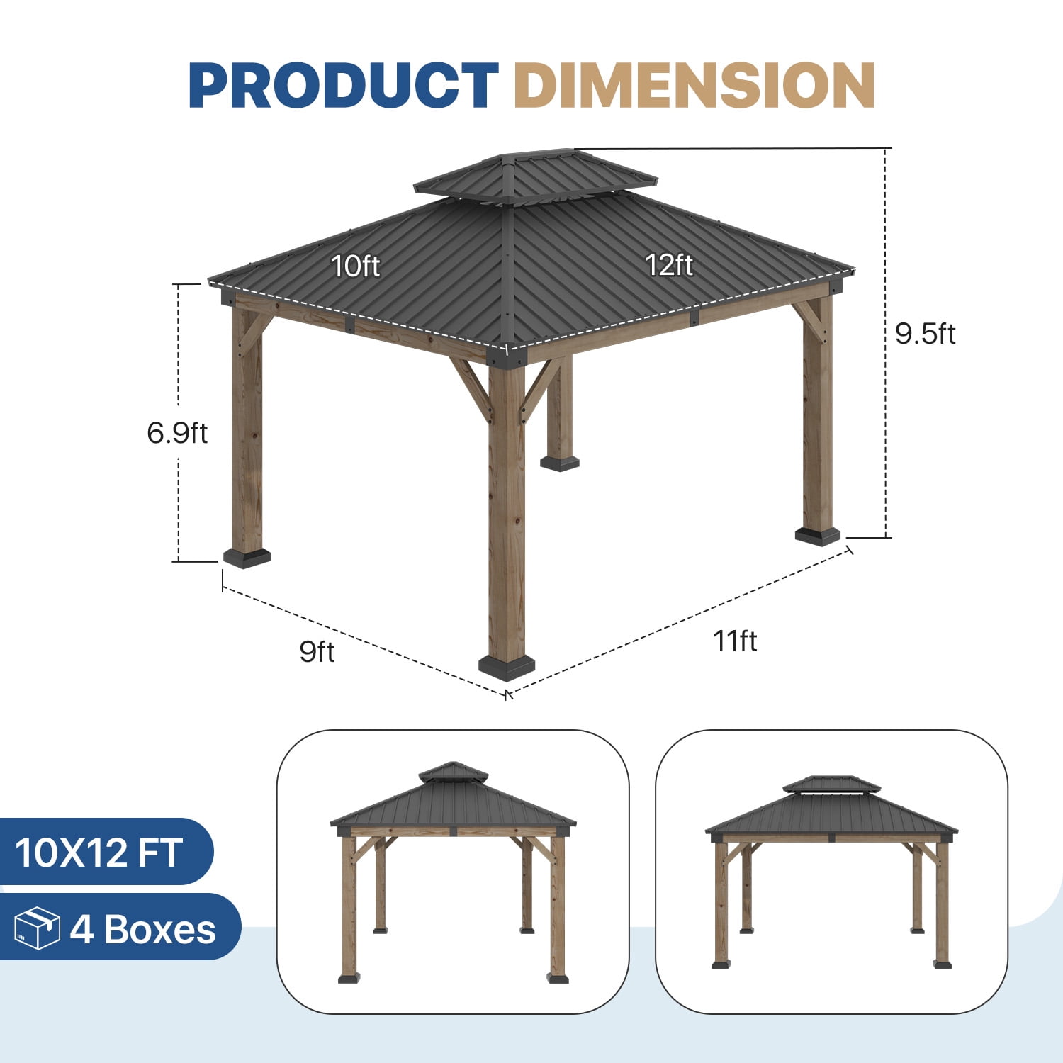 BaPiPro 12x10FT Double Roof Wooden Hardtop Gazebo, Natural Wood Finish, for Patio, Garden and Backyard