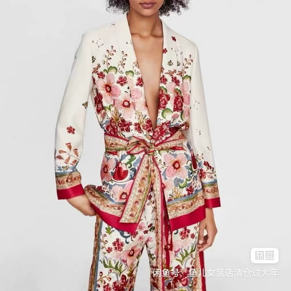 Women's white background floral elastic waist suit pants