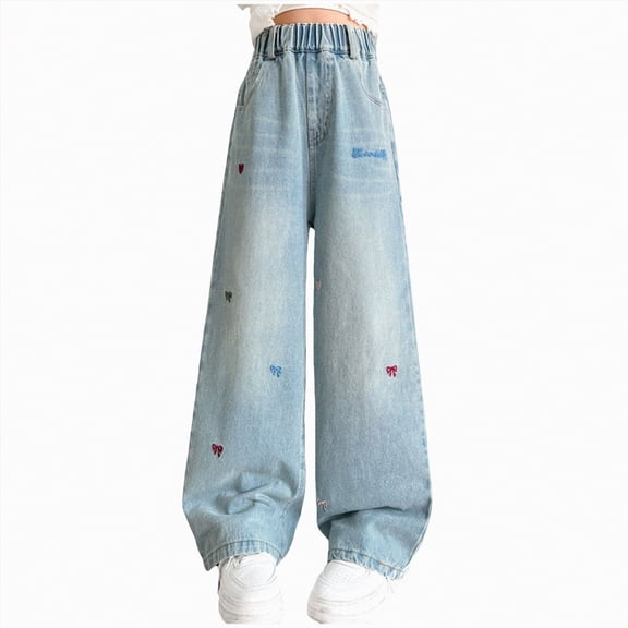 TOWED22 Girls Denim Pants Straight Leg Easy Elastic Waist Jeans with Pockets Kids Play Blue,6-7 Y