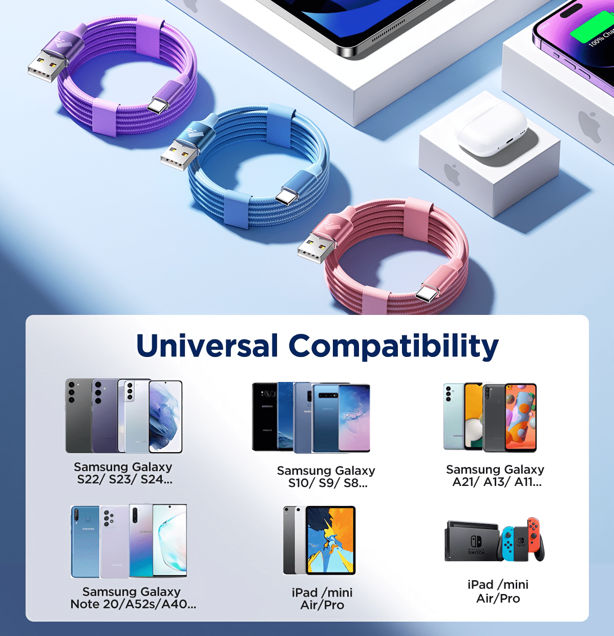 XUDUO USB C Cable, [ 3 Pack 10FT ] USB C Charger Cord Nylon Braided 3A Type C Fast Charging Cable for Samsung Galaxy S24/S23/S22/S21/S20-MultiColor