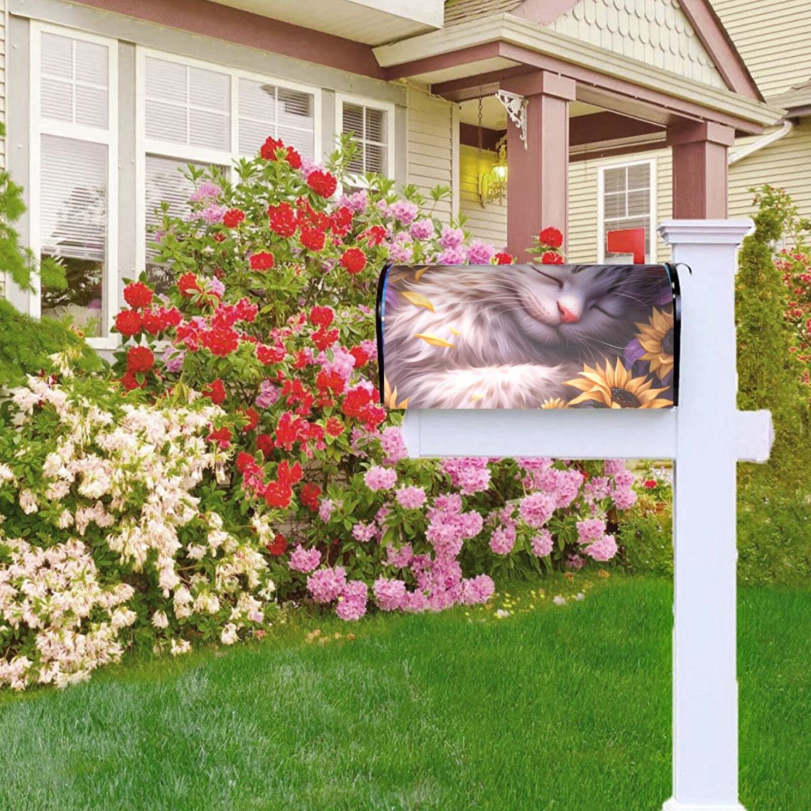Gukieu Warm Sunflower Sleeping Cat Print Magnetic Mailbox Cover, Sun-proof and Waterproof Home Yard Mailbox Cover-21x18 in