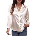 thumbnail image 1 of Camisa de satén lisa con botones y manga larga para mujer, 1 of 8