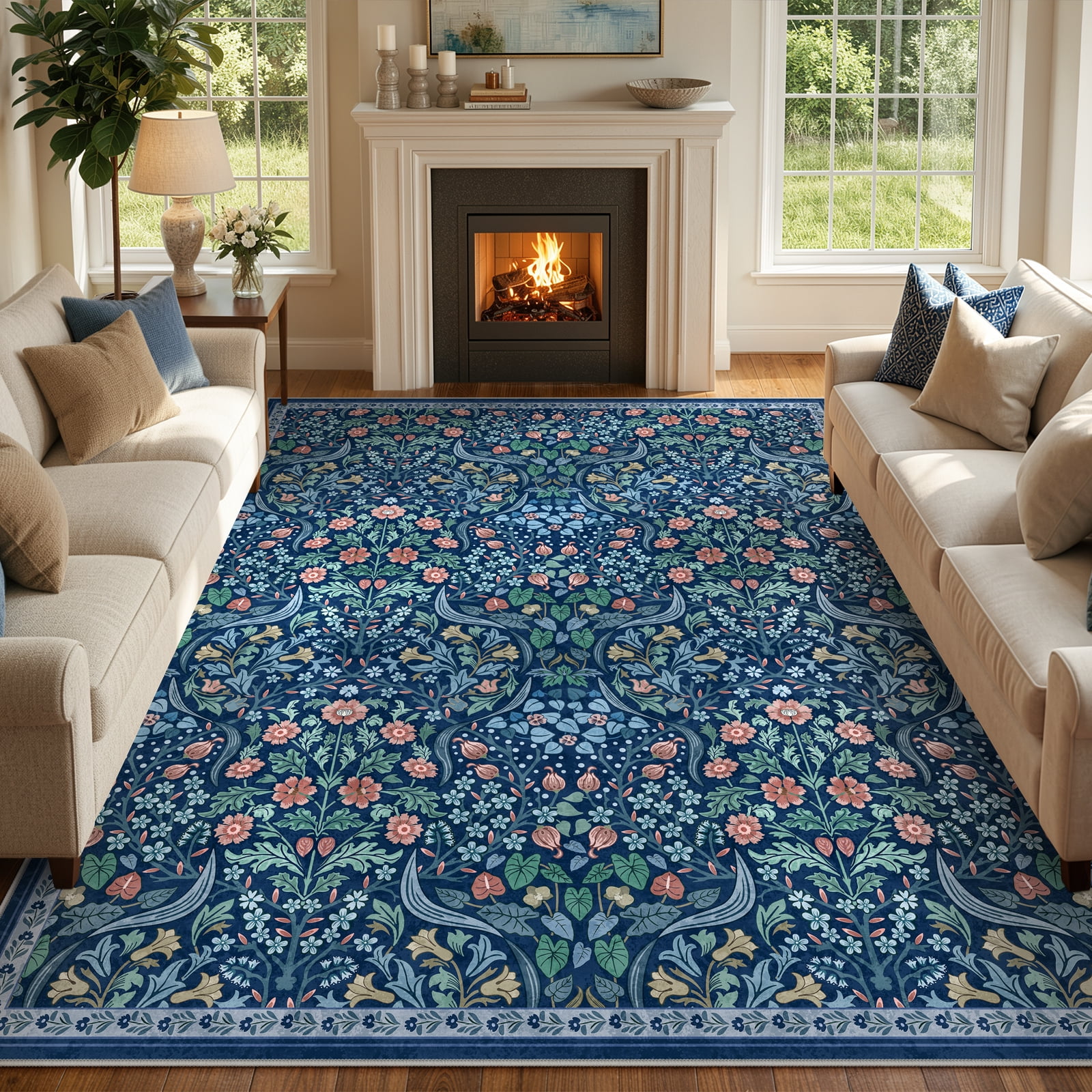Lahome Washable 8'x10' Area Rug, Blue Floral Rugs for Living Room, Soft Non-Slip Ultra Thin Boho Carpet for Bedroom Dining Room Nursery, Botanical Large Area Rugs, Blue