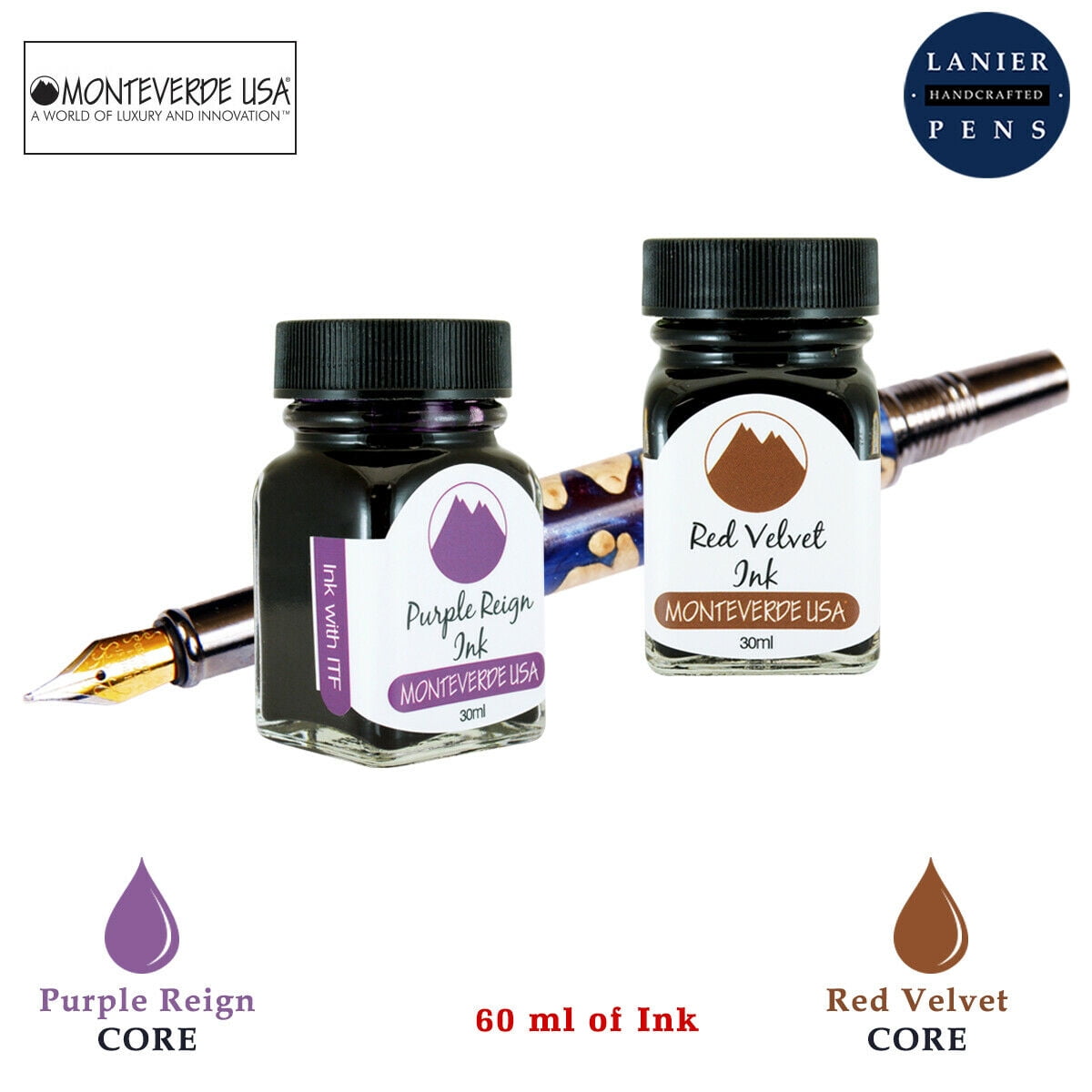 Monteverde 60ml Core Fountain Pen Ink Bottle (30ml Purple Reign Ink Bottle G309PR, 30ml Red Velvet Ink Bottle G309RV)