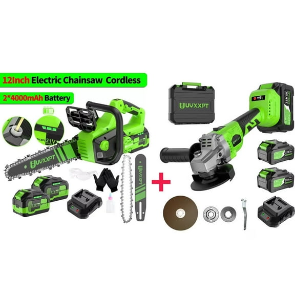 TASHHAR 12 Inch Cordless Electric Chainsaw 2 Battery with Cordless Angle Grinder 2 Batteries 8500RPM Brushless Electric Metal Cutter