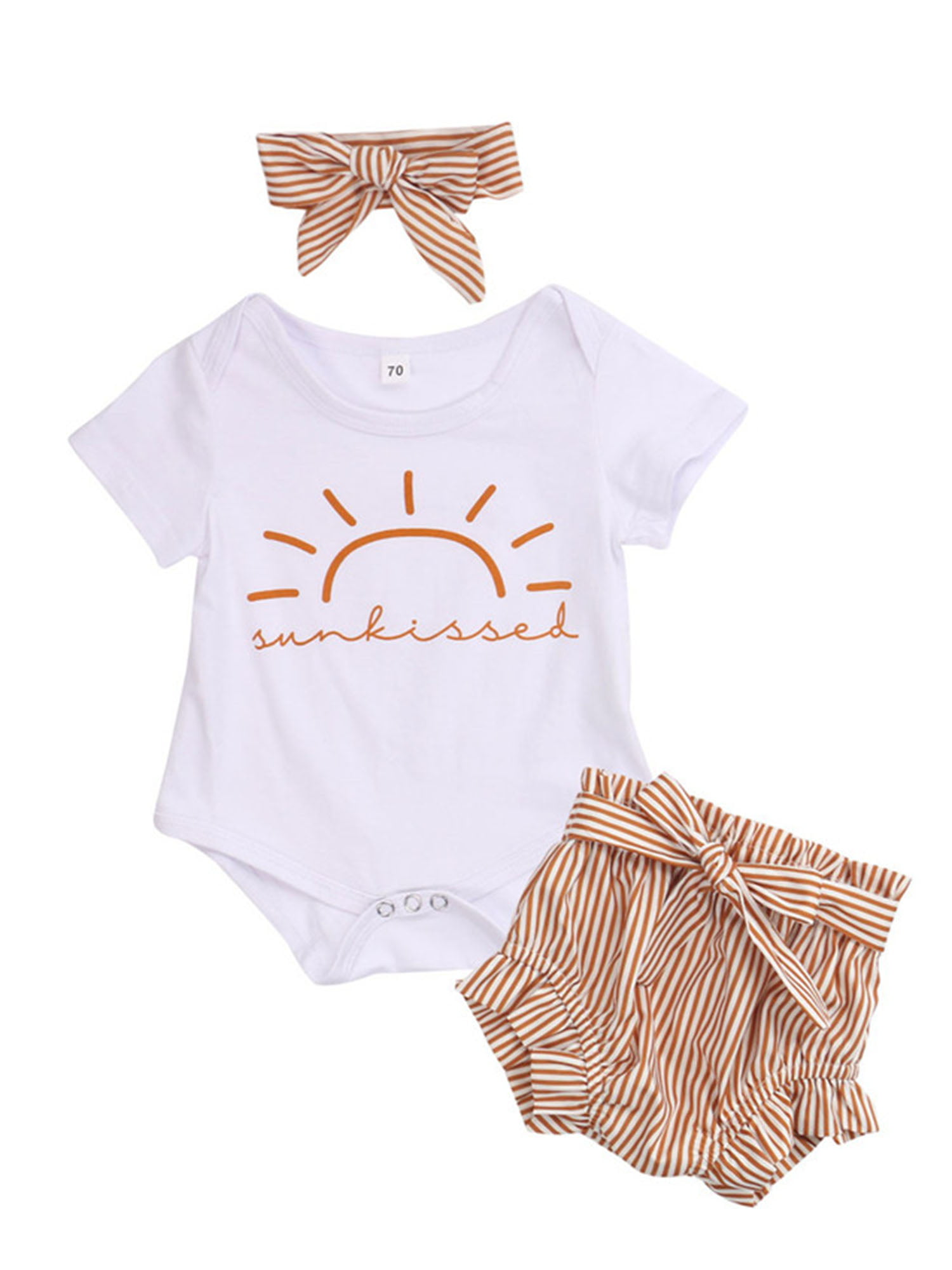 Infant Baby Girl Plain Ruffle Short Sleeve Cotton Romper Bodysuit Mermaid Shorts Headband Summer Clothes 