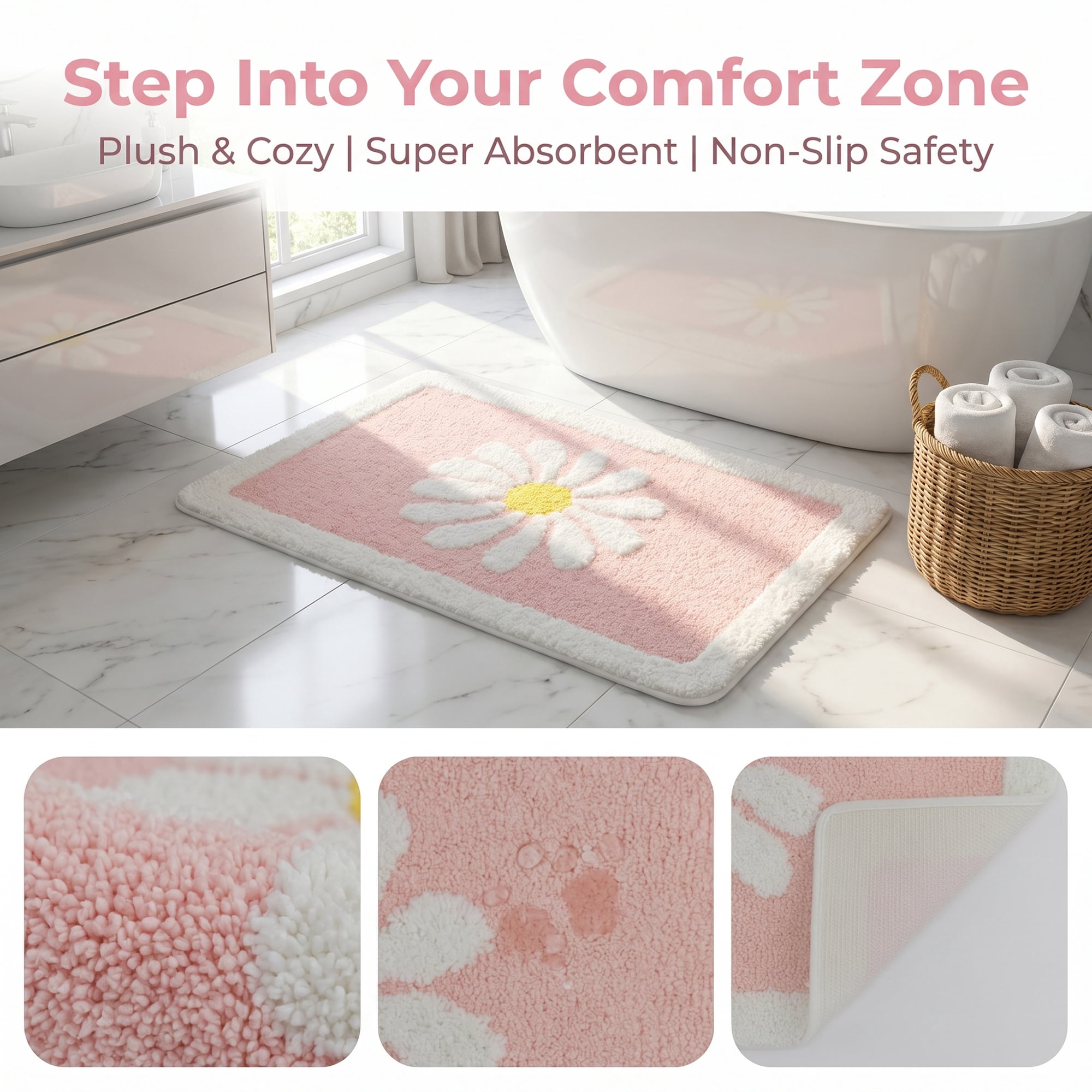 Unique Bargains Aesthetic Non Slip Ultra Soft Absorbent Shaggy Bath Mat Pink 24" x 16"