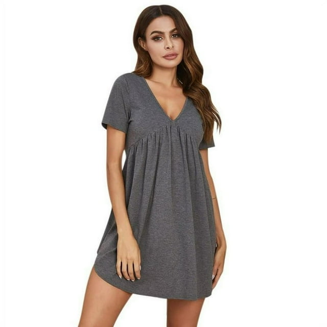 OUSITAID Women‘s Mini Dress Short Sleeve V Neck Pleated Solid Color Tunic