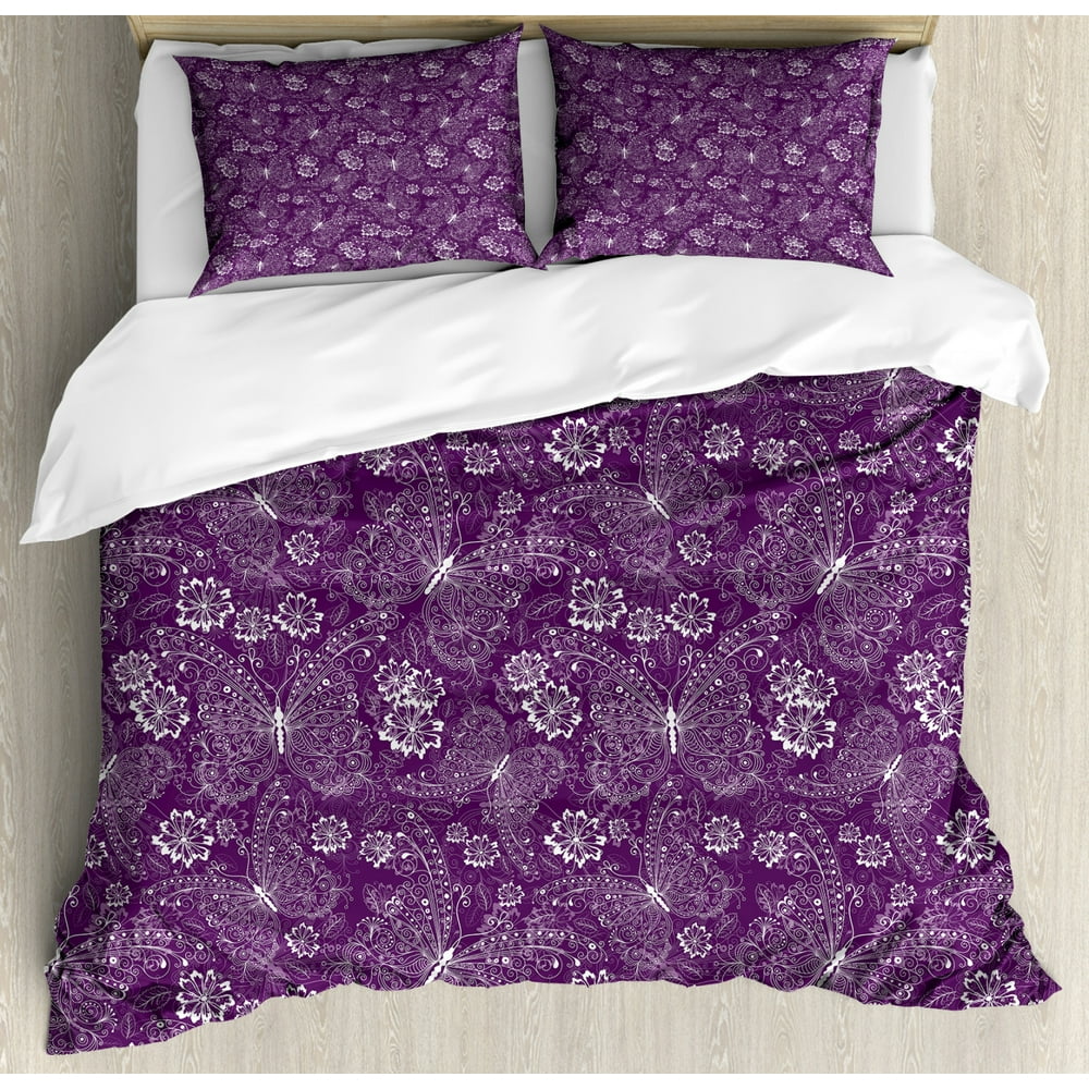 Plum Duvet Cover Set, Floral Romantic Pattern with Vintage Style White