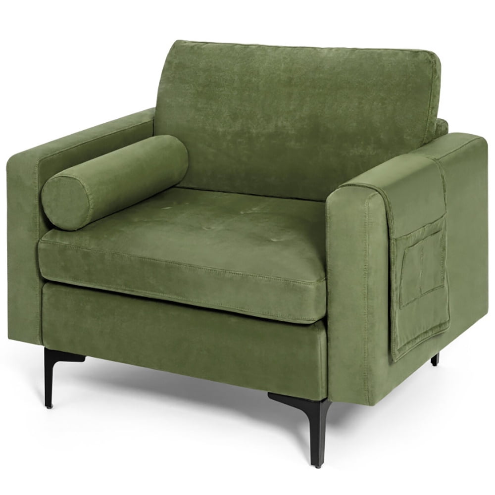 Finihen Upholstered Accent Chair, Modern Accent Chair with Bolster and Side Storage Pocket, for Living Room, Bedroom, Army Green