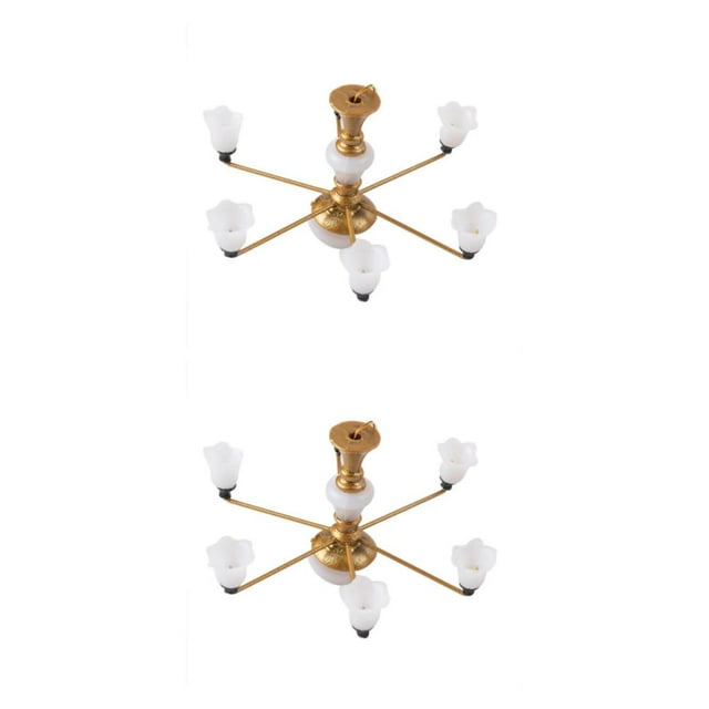 ZheElen Trendy Chic Miniature Chandelier Ceiling Lamp Model Layout Decor Accessories Golden White Light 8.2x4.5cm 2Set