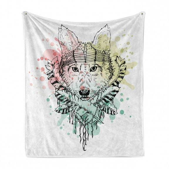 Abstract Soft Flannel Fleece Throw Blanket, Wild Brave Tribal Animal Wolf with Rainbow Colorful Backdrop and Sketchy Image, Cozy Plush for Indoor and Outdoor Use, 50" x 70", Multicolor, by Ambesonne