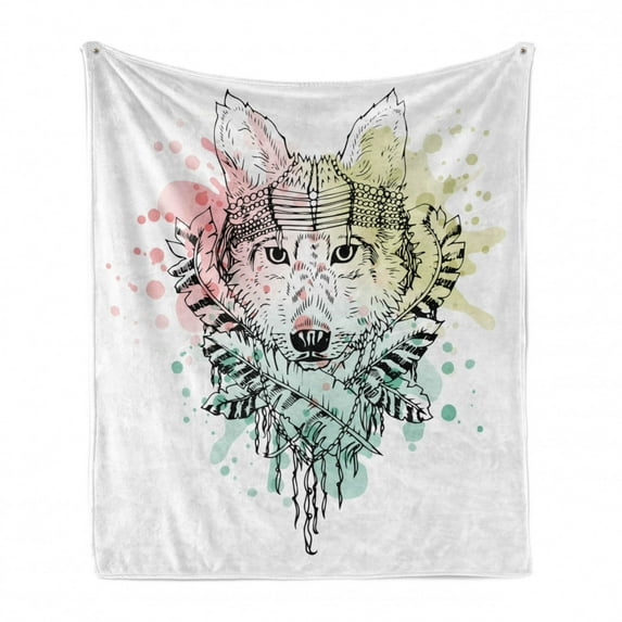 Abstract Soft Flannel Fleece Throw Blanket, Wild Brave Tribal Animal Wolf with Rainbow Colorful Backdrop and Sketchy Image, Cozy Plush for Indoor and Outdoor Use, 60" x 80", Multicolor, by Ambesonne