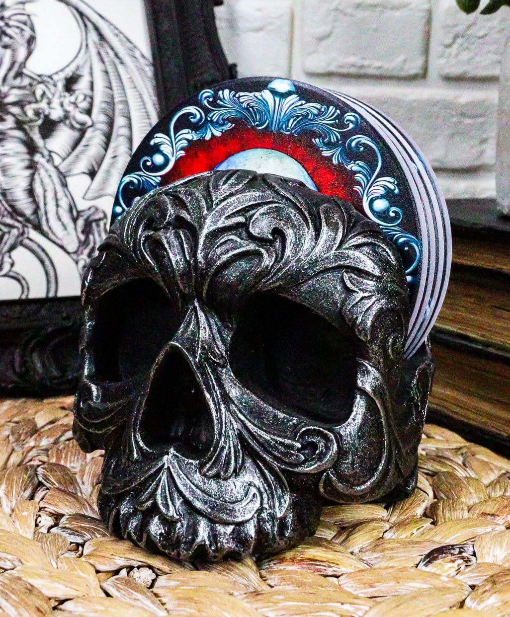 Ebros Gift Tribal Tattoo Floral Skull Pen Holder Figurine 5.75L Office Desktop Ossuary Skulls Decor Cranium Skeleton Head Stationery Holder As Halloween Macabre Graveyard Spooky Decorative Statue 