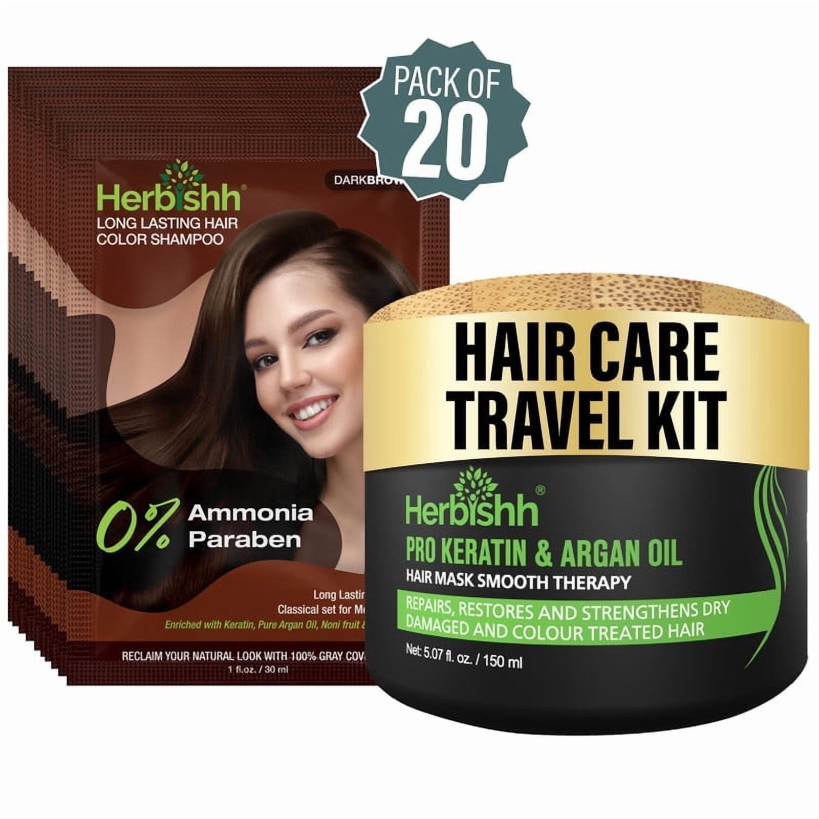 (3 pack) Herbishh Hair Dye Shampoo Dark Brown Color 3-in-1 Travel Pack (30ml x20) + Keratin Argan Oil Hair Mask for Dry, Damaged & Color Treated Hair, 150ml, Long Lasting Hair Color, For Women & Men