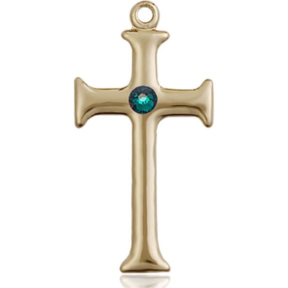 14kt Yellow Gold Cross Medal with 3mm May Green Swarovski Crystal 1 x 1/2 inches