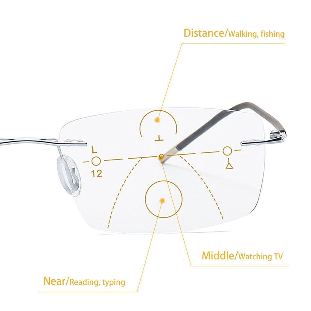 Men Progressive Rimless Ultralight Reading Glasses 4.00 Anti-blue Light Frameless Blue Multifocus Readers +4.00 Strength