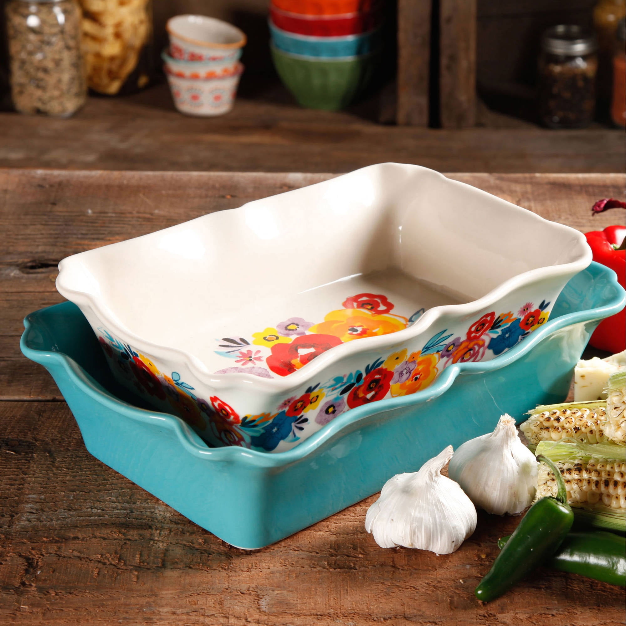 The Pioneer Woman 2-Piece Rectangular Ruffle Top Ceramic Bakeware Sets