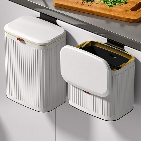 Hanging kitchen trash can with lid, 8L white stainless steel wall mounted trash can, suitable for cabinets, under sinks, and bathrooms