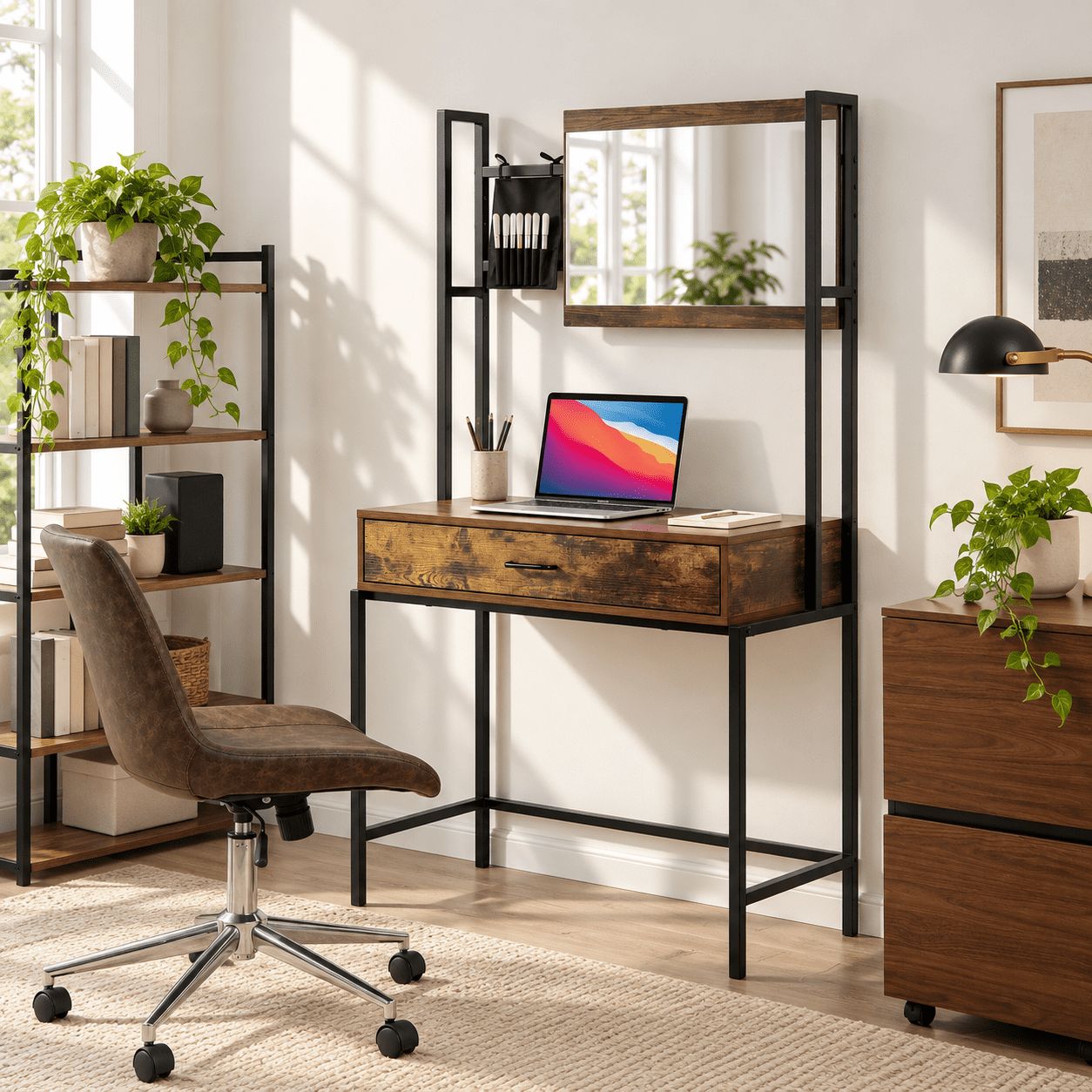 Furnibear Industrial Vanity Table with 3-Height Adjustable Mirror, Makeup Dressing Table with Sliding Drawer and Brush Bag, Rustic Brown
