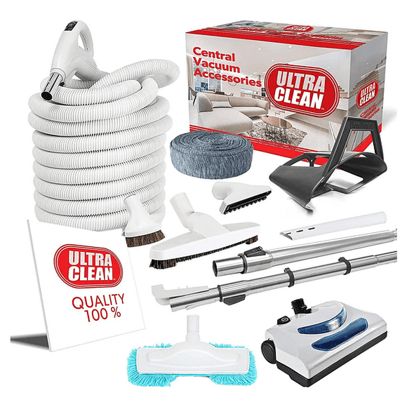 ULTRA CLEAN Central Vacuum Electric Accessory Kit -Dual Voltage 24V / 110V Hose with 3-way on/off Switch Handle- Electric Power Nozzle, Telescopic Wand With Deluxe Tool Set, Hose Cover (White, 35 ft)