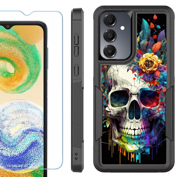 Heavy Duty Dual Layer Hybrid Phone Case for Samsung Galaxy S24 FE 5G with Tempered Glass Screen Protector, by OneToughShield - Skull Flower