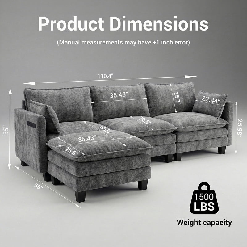 Howcool 110"W Modern Chenille Sectional Sofa with Ottoman,L-Shaped Modular Sofa Couch with USB Ports for Living Room,Dark Grey