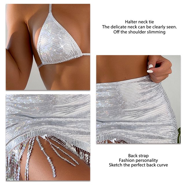 Conjuntos de Bikini para Mujer 3 Piezas Copa Triangular Correa de Lentejuelas Traje de Baño Parte Superior de Bikini para Playa ANGGREK Otros