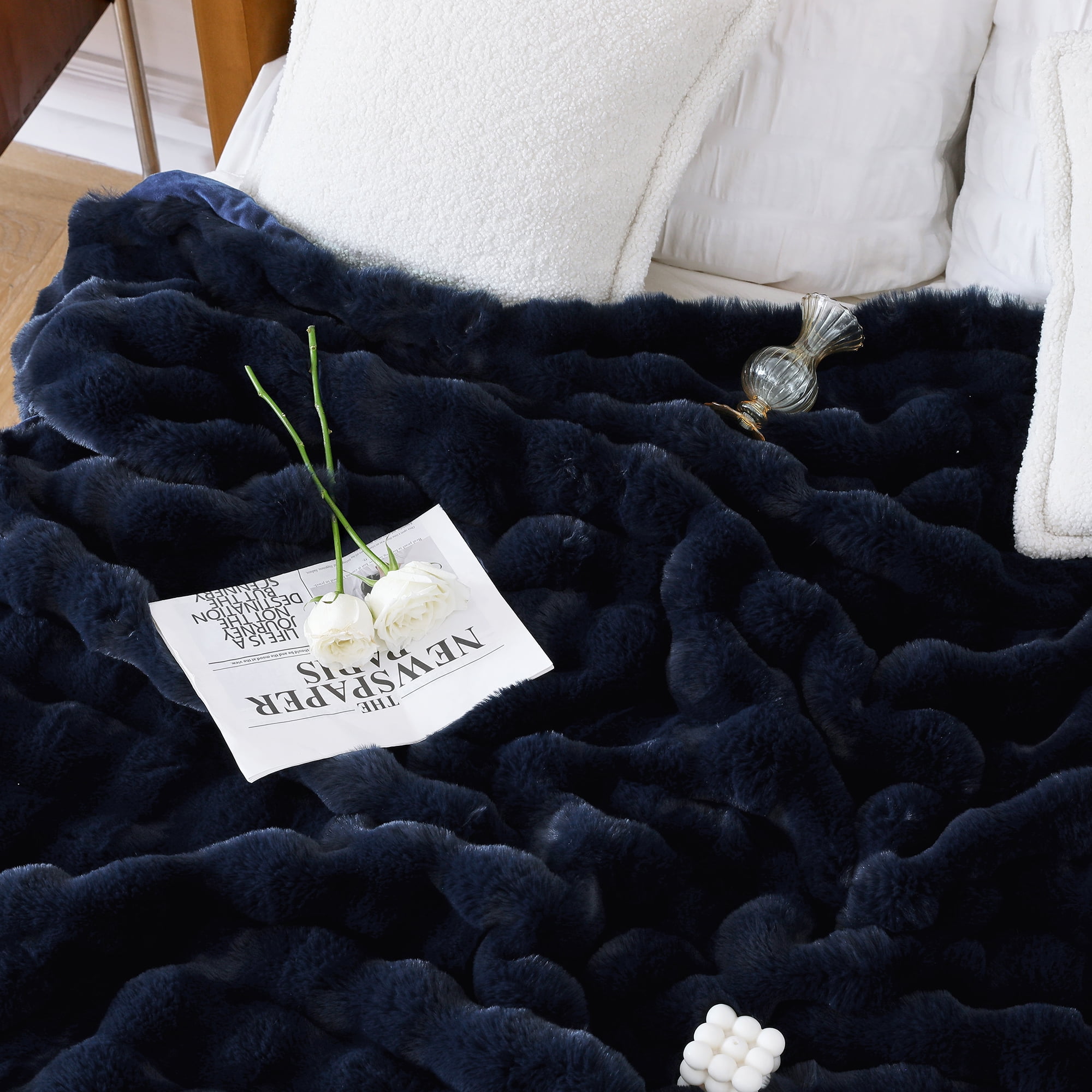 PatPat Throw Blanket for Couch Bed Fleece Plush Fuzzy Faux Fur Home Room Decoration Gift Bubble Soft Blue Navy Throws Blankets 50" x 60"