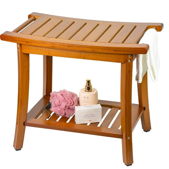 Utoplike Bamboo Shower Bench with Storage, Wood Shower Stool with Handles, Bathroom Seat for Towels, Spa, Inside Shower, Brown Finish