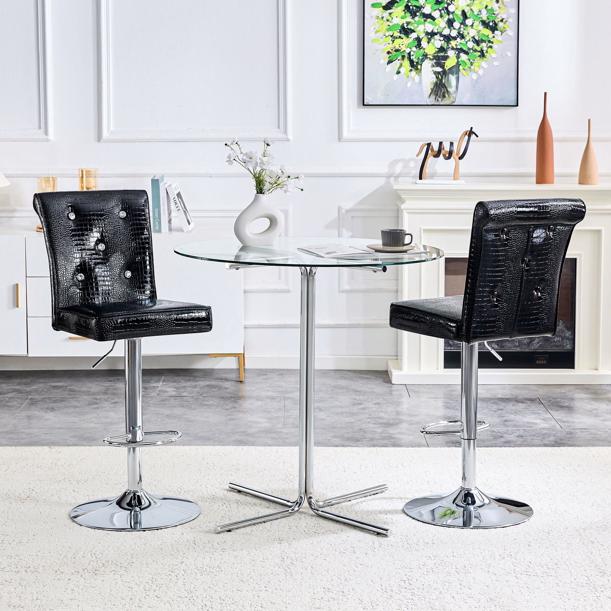 Alvantor Set of 2 Black Crocodile Faux Leather Lift Bar Stools with Crystal Accents
