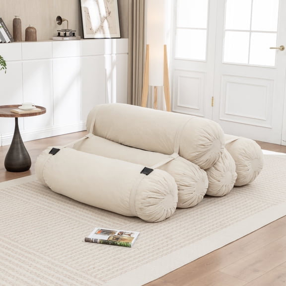 Beige Corduroy Adjustable Floor Sofa, Modular Lazy Sofa with 5 Pillows for Living Room, Bedroom
