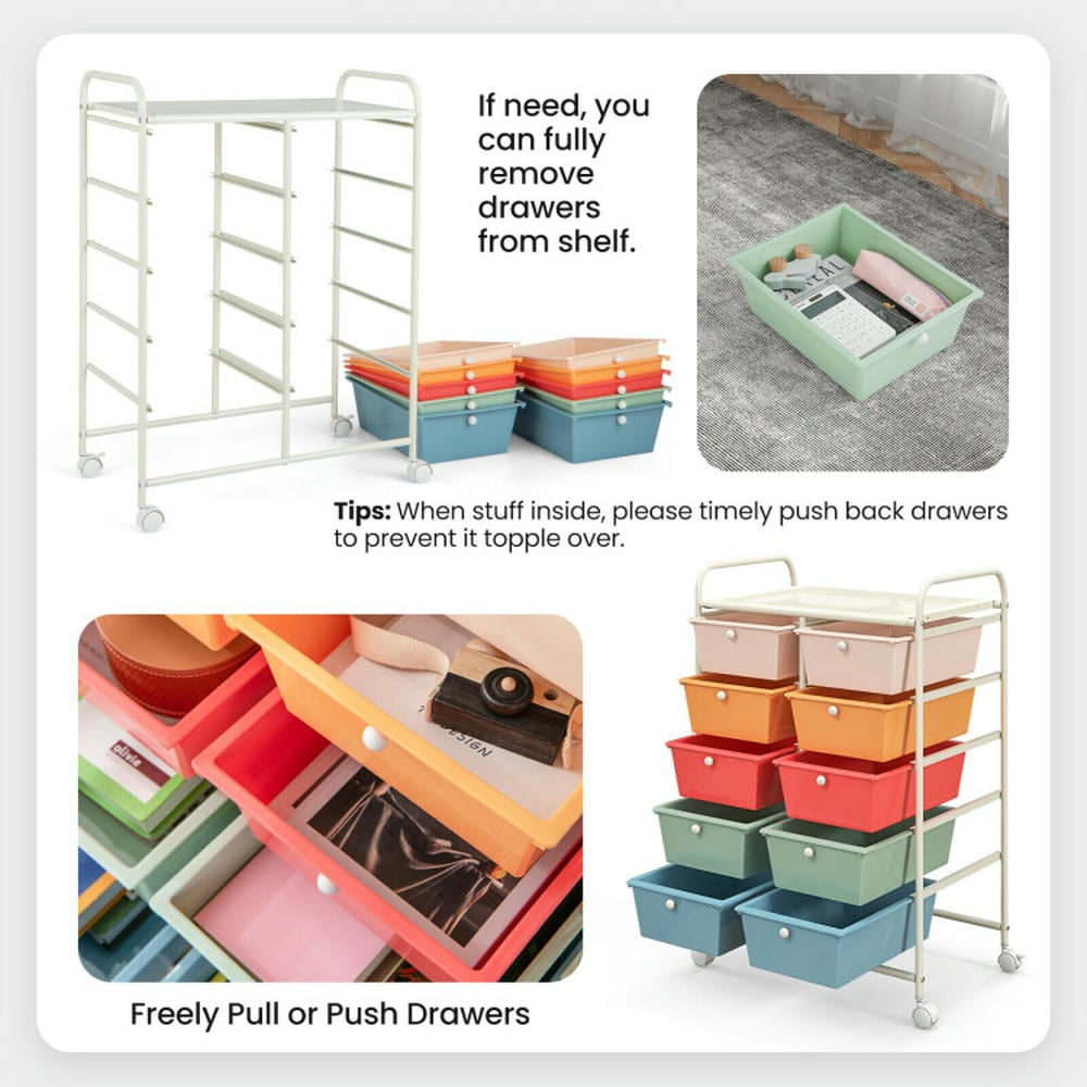 Canddidliike 10-Drawer Rolling Storage Cart, Craft Organizers and Storage, Multipurpose Organizer Cart for Home, Office, School, Multicolor