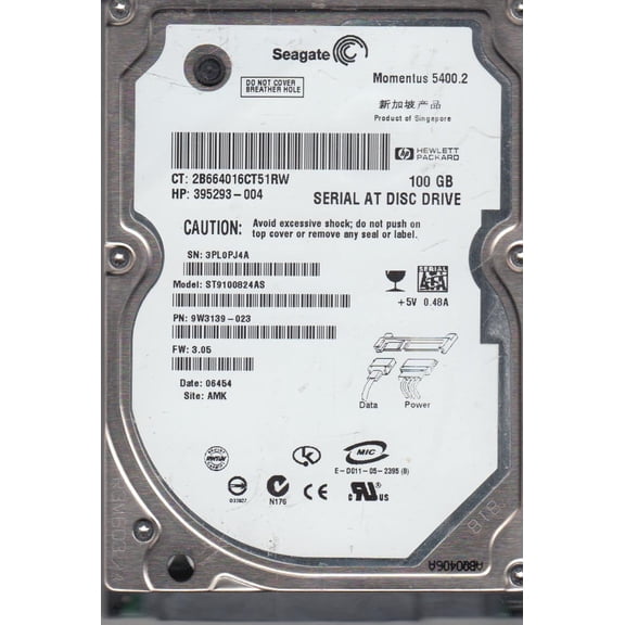 ST9100824AS, 3PL, AMK, PN 9W3139-023, FW 3.06, Seagate 100GB SATA 2.5 Hard Drive