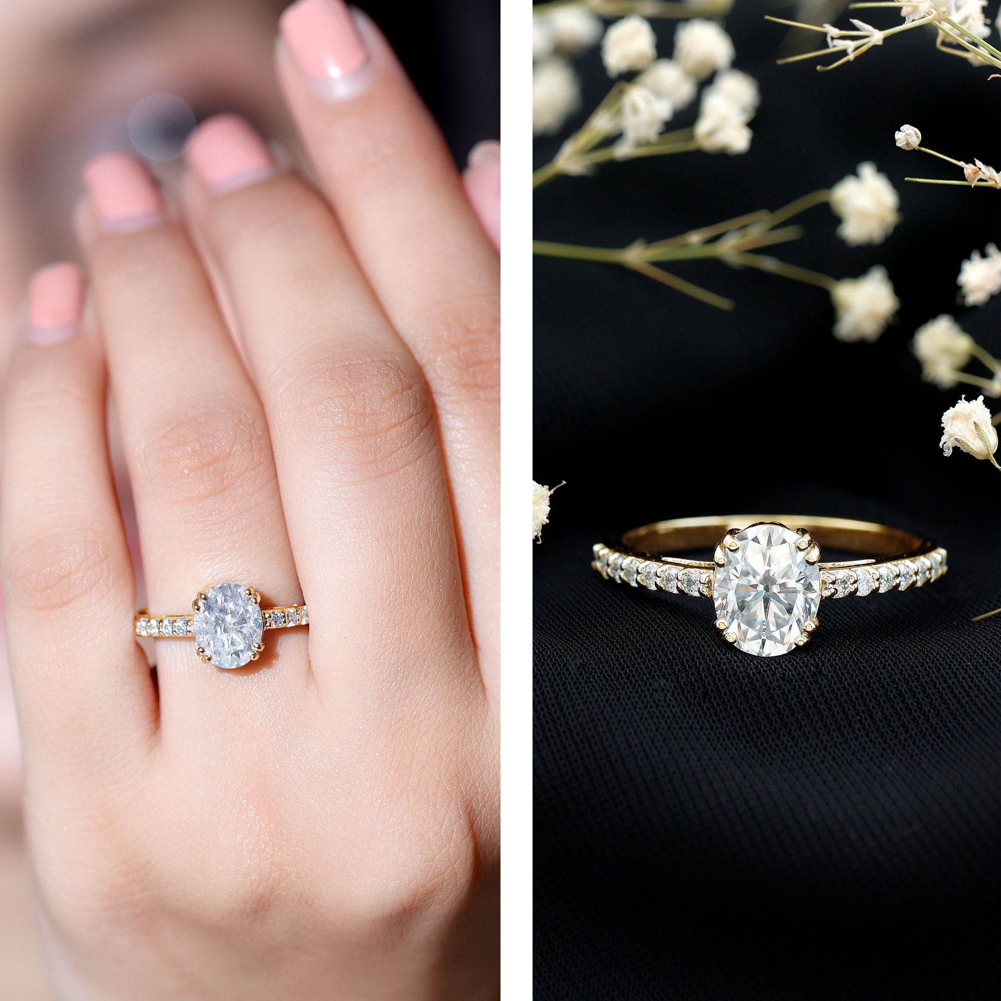 Rosec Jewels 2 Carat Moissanite Engagement Ring for Women - 7X9 mm Oval Moissanite Ring - D-VS1 Grade, 14K Yellow Gold, US 8.50